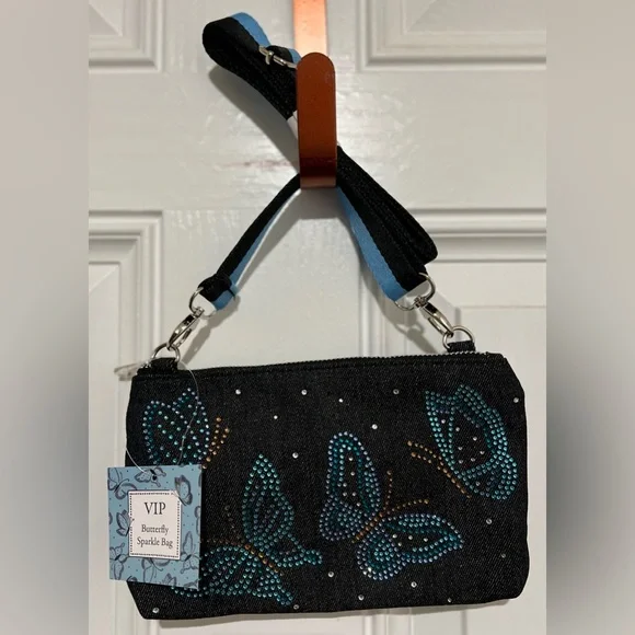 BRIGHTON VIP Sparkle Butterfly Bag Denim Crossbody Stripe Strap NWT - Picture 5 of 12